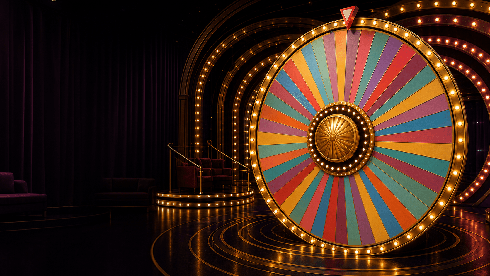 Original cinematic game-show stage with a large illuminated wheel